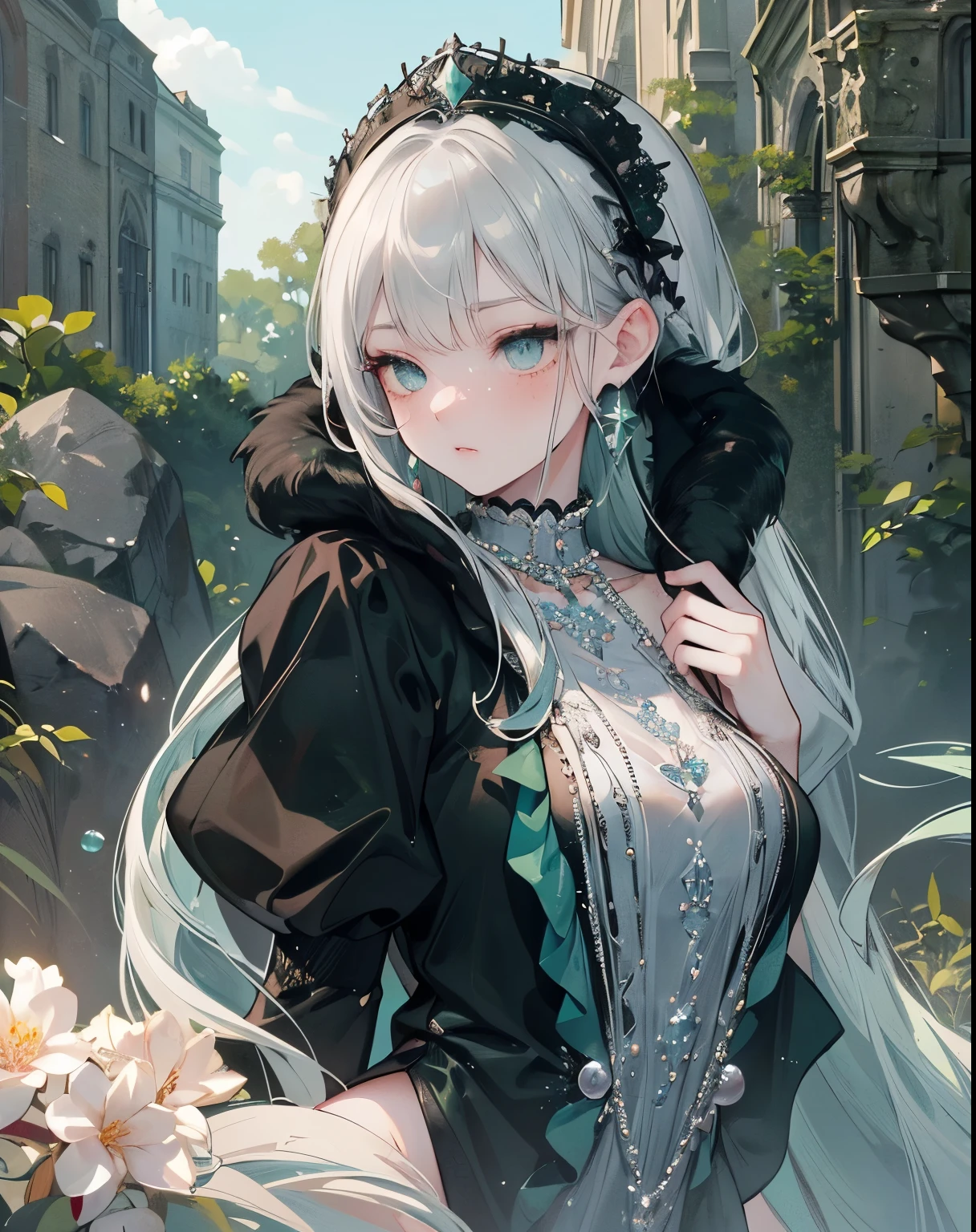 ((dark fantasy)), ((wavy hair, silver hair color, pale skin),(((green aquamarine eyes))), freckles, warm light,( ),busty,Glamour,Gorgeous,monochromes,erotic posing,Dynamic Posing,Arrange Pose,Dramatic,Cinematic,Detailed background, Dynamic Angle,From the angle of the film,Gothic background, Dark fantastic view,Best Quality,masutepiece,8K,The ultimate detailed dark background, Top image quality、RAW photography、超A high resolution,cropped shoulders, overall look is very erotic、Shot for one person only, model shoot, Large round chest, Beautiful Eyes of Details、Very slender eyes、Beautiful eyelashes、Very slim physique, with blush cheeks,Pearl Beaded Bralet Top, ((pearl top))