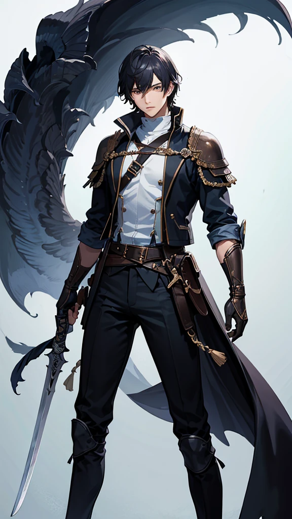 (Best Quality、High resolution、Image clarity:1.2)、 (male:1.2)、solo、maleフォーカス、Ultra-detailed backgrounds、Beautiful man standing with a sword、Traveler's Clothes、boots、ハンサムなmale、Powerful、(Strong eyes) 、Black Hair、 Hair Detail、Part your hair,Wide-open eyes、Beautiful Eyes、double eyelid、Double eyelids、Highest quality、high detail、Long Hair、Hair tied up、Pointy Head