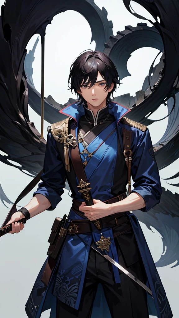 (Best Quality、High resolution、Image clarity:1.2)、 (male:1.2)、solo、maleフォーカス、Ultra-detailed backgrounds、Beautiful man standing with a sword、Traveler's Clothes、boots、ハンサムなmale、Powerful、(Strong eyes) 、Black Hair、 Hair Detail、Part your hair,Wide-open eyes、Beautiful Eyes、double eyelid、Double eyelids、Highest quality、high detail、Long Hair、Hair tied up、Pointy Head