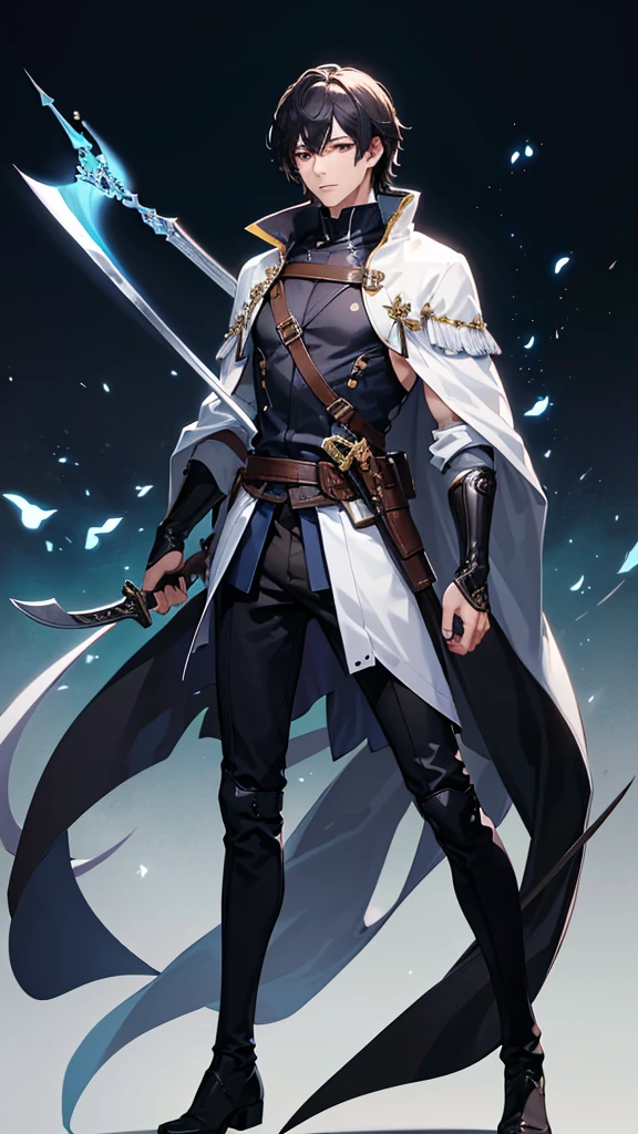 (Best Quality、High resolution、Image clarity:1.2)、 (male:1.2)、solo、maleフォーカス、Ultra-detailed backgrounds、Beautiful man standing with a sword、Traveler's Clothes、boots、ハンサムなmale、Powerful、(Strong eyes) 、Black Hair、 Hair Detail、Part your hair,Wide-open eyes、Beautiful Eyes、double eyelid、Double eyelids、Highest quality、high detail、Long Hair、Hair tied up、Pointy Head