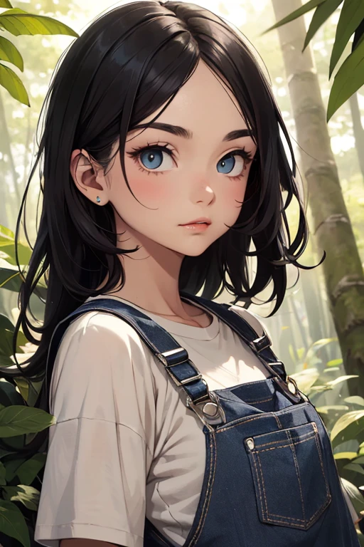 A girl with an oval face, slanted eye, black hair, light eyes, normal eyebrows, small nose, normal body and wearing full-length overalls in a forest