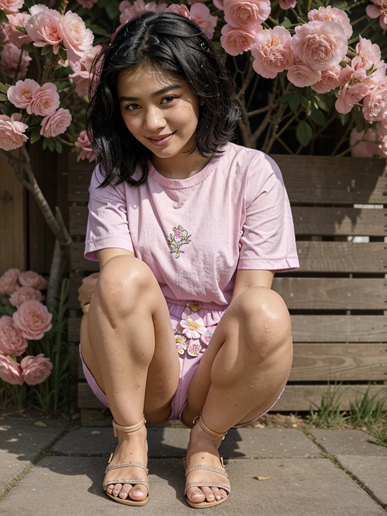 A stunning beauty cute  Javanese girl, her name is Sora, 5 years tiful silky black short hair, beautiful black eyes, beautiful pink lips and smiling happily. She's wearing a magenta shirt, and a blue jeans jumpsuit with a brown bear cartoon image embroided. Also she's wearing brown sandals. Her hand is holding a bunch of flowers from the meadows in the riverside. A white sheep in her back eating a flower. Very detailed anatomy, very detailed face, very detailed background, very detailed clothes. Photorealistic HD image, very wide angle, top to toes, full body, A Masterpiece.