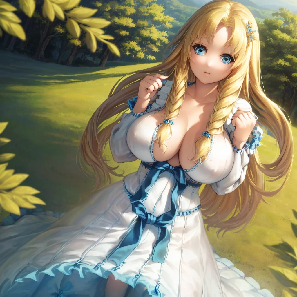 ((masterpiece)), (best quality), (ultra-detailed), photorealistic, (best illustration), ((an extremely delicate and beautiful)), 1girl, solo, long hair, blonde hair, two-tone hair, cross-laced, blue eyes, breasts, detailed scenery, low twin braids, twin braids, hair ornament, gigantic breasts, looking at viewer, standing, viewer POV, 