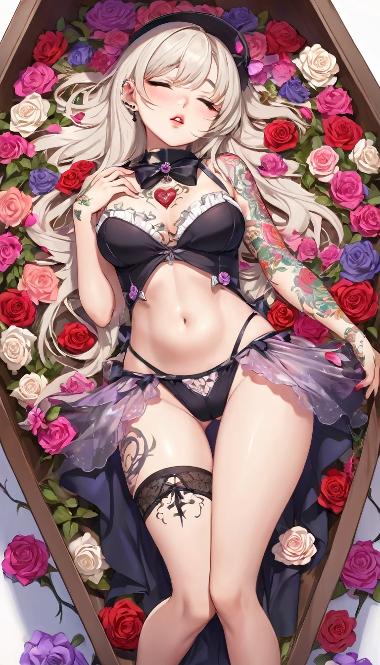 {{{{{16k}}}}}, {{{{{transforming a pure corpse girl into her facial rank and tits rose to the SSS rank of top-notch pretty actresses, She is laid on an coffin of flowers bouquets of flowers are stabbed all over her body and her body becomes more curvy, she is turned into a cutesy flower arrangements, she sleeps and she lost her life the moment she is fully asleep the flower glows absorbs her life blooms more cutely and transforms her corpse into something lovely and capable of eternal necrophilia, Each time she was necrophiliac her tattoos increased the tattoos her waist and underbust became thinner, her breasts become even larger and deeper with cleavage, Her hair is replaced by a bang long glossy very Straight hair, A 10-years-old young girl who was supposed to have died, but was injected with more and more female hormones and Reproduce as underbust and topbust firmness lasciviousness 18-years-old virgin nudity girl of the expression dyed in bewitching eroticism, Grown bodies are reproduced with cheeks so vivid and lips so thick and dark that it is hard to believe they are sexually knowledgeable and sexy looking corpses, She is fitted with a heart collar that puts people into eternal sleep which transforms her into a cute once-in-a-millennium narcotic flower arrangement that becomes her too-cute corpse}}}}},{{Extremely detailed}},{{{{{integrated her head pure small, All the fat from her limbs and waist will move to her swinging tits and slender limbs, Enchanting Too thick and erotic lips, Her thickened lips shimmer with luster, A cutely girl's soul-draining white eyes}}}}},{{{{{Her tattoos spread all over her body, She is tattooed with lewd flowers on her neck, arms, lower abdomen, thighs, Flower piercings are attached all over her body}}}}}