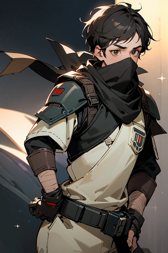 adult Male star wars bounty hunter, Short black hair, light black armored clothes, brown eyes, black scarf covering mouth and nose, 40 years old, 2 holdered blasters on the hip, middle aged