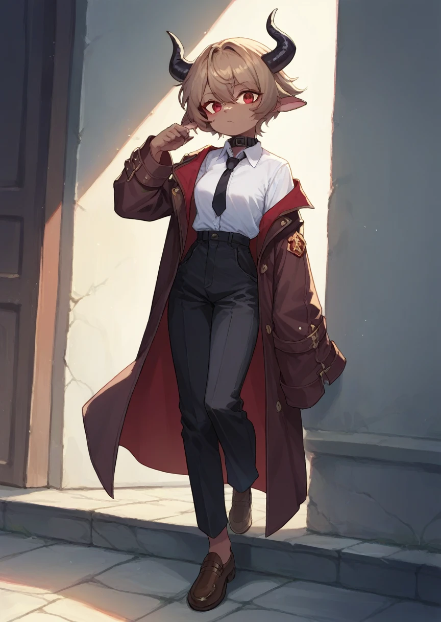 Solo Female, Solo furry , Dark red short hair, wavy ends, Greyish-light brown skin color, red eyes with black skeral, Black horns, White shirt, black Tie , black trousers, burgundy coat,black collar, brown shoes,black vest