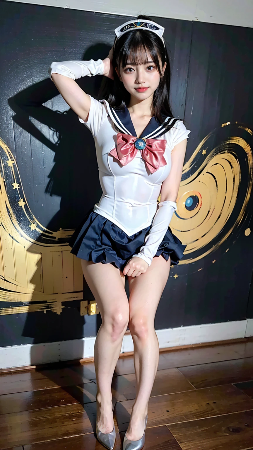 (8K、RAW Photos、Highest quality、masterpiece:1.2)、(Realistic、Realistic)、1 Girl、((Sailor Moon Costume:1.2、Thin legs、whole body、View from the front、smile、Looking into the camera、Spread your legs while squatting))、cute