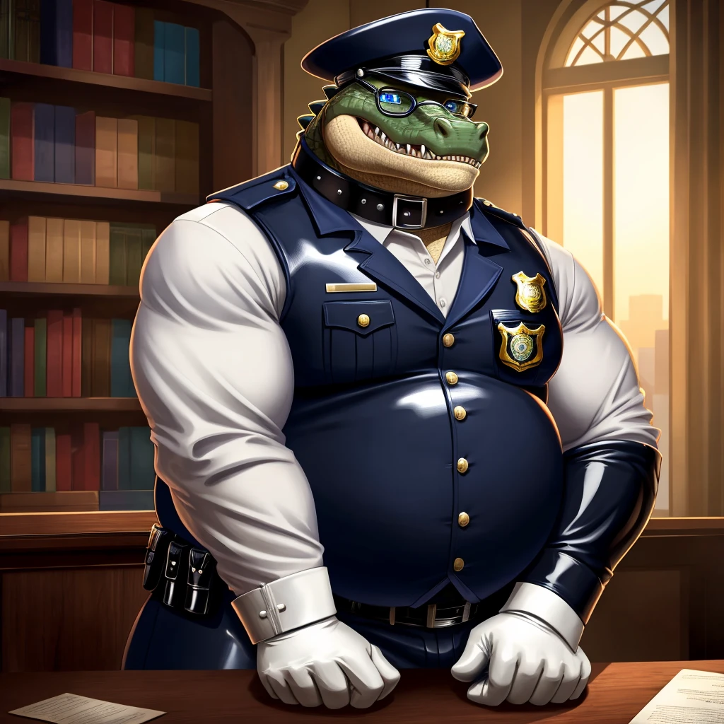 Solo, Male, fat, squatting, extremely obese, gentleman, dapper Crocodile, blue eyes, (soft shading), 4k, hi res, ((detailed face, detailed)), looking at viewer, evil grin, police station, collared shirt with buttons, hat, male focus, Police Uniform, glasses, monocle, vest with buttons, sleeves rolled up, round eyewear, headwear, vest, Crocodile is wearing a glossy leather dog collar around the neck, Crocodile is wearing the leather collar and shirt and vest at the same time, Crocodile is wearing glossy white rubber gloves on the hands, wearing white rubber gloves on the feet, Crocodile is wearing glossy white cuffs around the wrists with cufflinks, gloves are rubber in texture, clenching teeth, clenching fists, leather collar is glossy and shiny with a lot of detail, Crocodile is wearing gloves and cuffs and cufflinks at the same time, leather collar has a round dog-tag, leather collar is thick and detailed, rolled up sleeves.