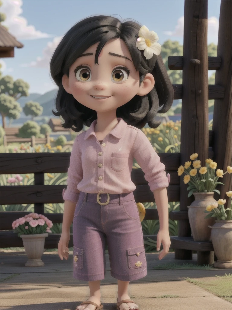 A stunning beauty cute little Javanese girl, her name is Sora, 5 years old. Beautiful silky black short hair, beautiful black eyes, beautiful pink lips and smiling happily. She's wearing a magenta shirt, and a blue jeans jumpsuit with a brown bear cartoon image embroided. Also she's wearing brown sandals. Her hand is holding flowers from the meadows in the riverside. A white sheep at her behind eating a flower. Very detailed anatomy, very detailed face, very detailed background, very detailed clothes. Photorealistic HD image, very wide angle, top to toes, full body, A Masterpiece.