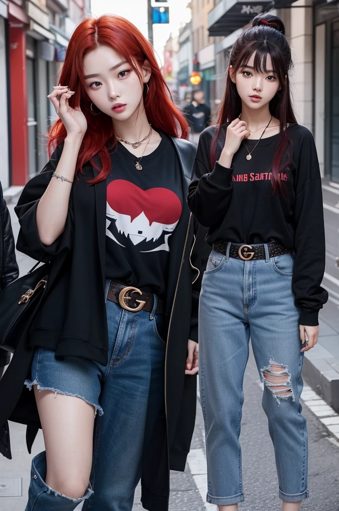 A 20-year-old Korean woman, very beautiful with red hair and some black highlights. She is wearing a baggy black outfit with a fashionable belt and a gucci necklace.. With wide dark blue jeans and black converse sneakers. She has a high nose and blue eyes