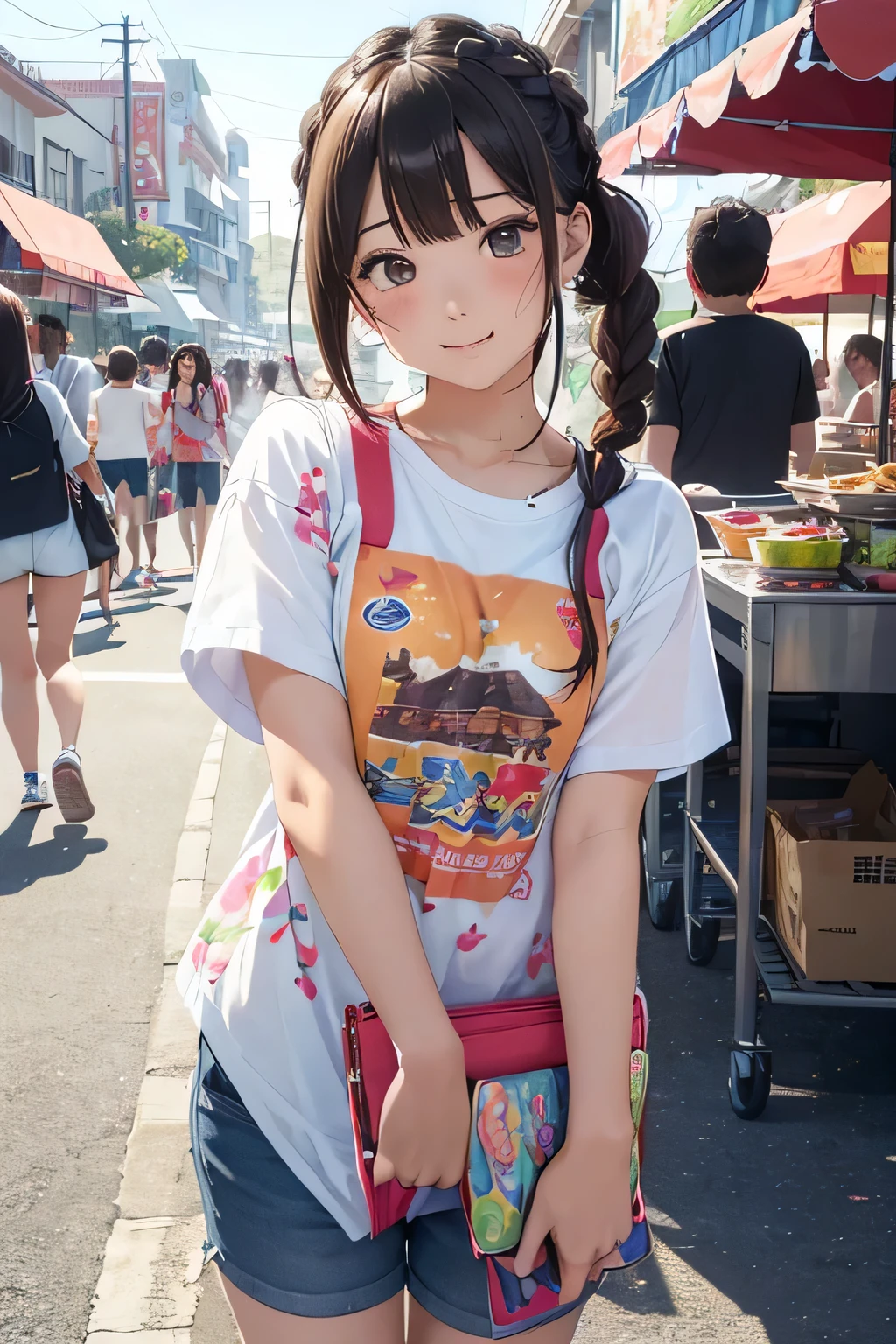 Highest quality、High resolution、Detailed Background、(Beautiful face in every detail:1.2)、Anatomically correct、(Detailed facial expressions)、(Detailed eyes)、Teenage beauty、Highly detailed face、cute hair color、Braided Ponytail、Braided bob cut、cute gesture、Festival-day food stalls、Fun atmosphere、
(Two girls enjoying the festival-day food stalls:1.5)、
Cotton candy in little hands、A big smile、In the midst of the festival bustle、Running with friends、Shooting Challenge、Desperate for the prize、Goldfish scooping is also fun、Gently pick it up、The aroma of freshly fried yakisoba、I'm getting hungry、Play to your heart's content、enjoy、My heart leaps、A festival under the blue sky、A child's innocent smile、It turns into a warm memory、
T-shirts with flashy designs and characters、Knee-length shorts、Denim or cotton、Sandals or sneakers、Dresses and tunics、Something that is easy to move in and cool、The gorgeous print is adorable、cover art、Brightly colored items and character motifs、cute
