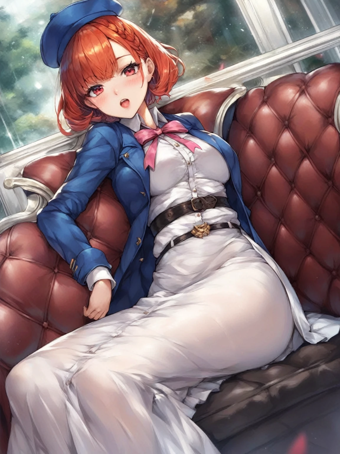 One girl, soul, Redhead, short hair, Red eyes, Bobcut, break hat, , White shirt, Blue jacket, Pink ribbon, Black Corset, White Skirt, BREAK
score_9, score_8_superior, score_7_superior, score_6_superior, score_5_superior, score_4_superior, anime, No correction