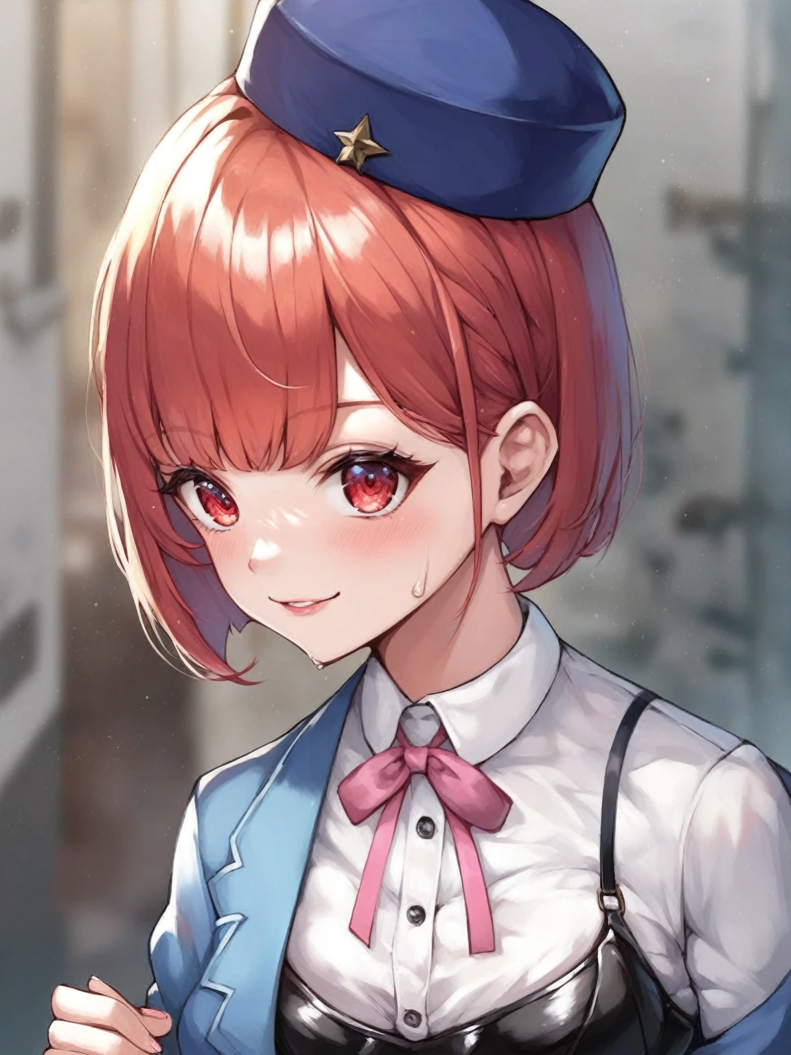 One girl, soul, Redhead, short hair, Red eyes, Bobcut, break hat, , White shirt, Blue jacket, Pink ribbon, Black Corset, White Skirt, BREAK
score_9, score_8_superior, score_7_superior, score_6_superior, score_5_superior, score_4_superior, anime, No correction
