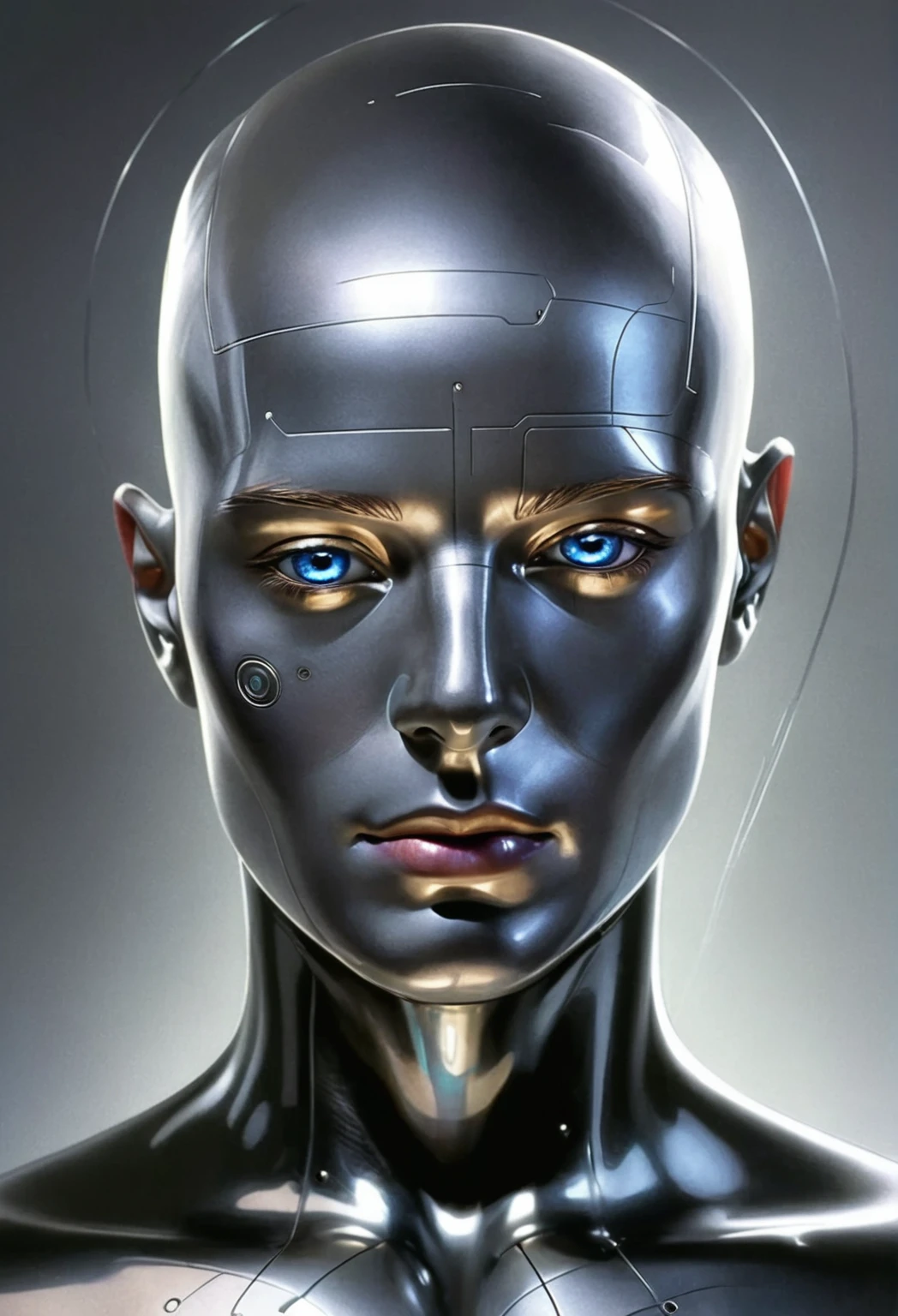 a close up of a person with a futuristic head and face, Detailed face of an android, detailed Portrait of a cyborg, Cyborg Portrait, portrait of an android, Portrait of a cyborg, Cyborg - girl, Robot Portrait, cybernetic machine female face, portrait of an android woman, robotic face, symmetry!! cyborg portrait, a portrait of an android