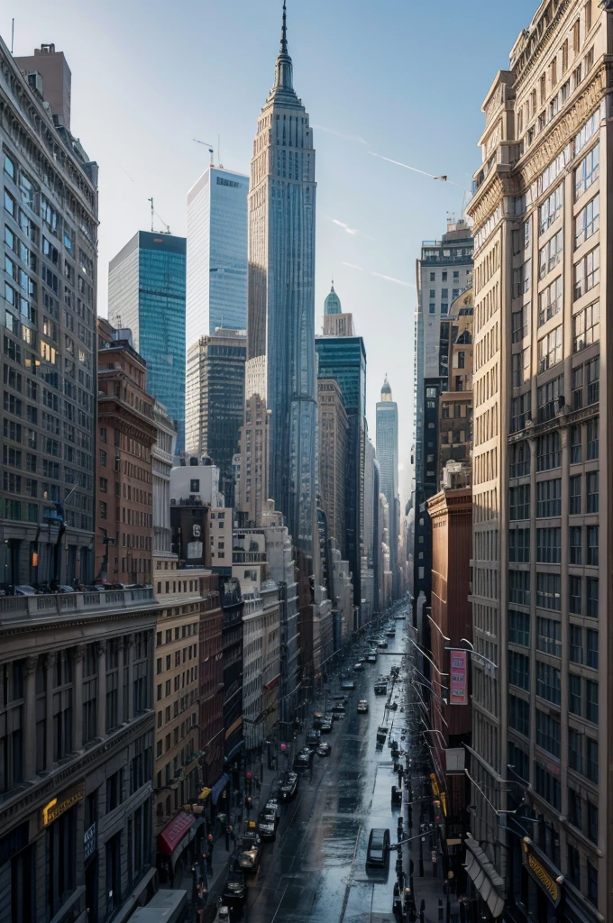 Create an image that shows the Wall Street Stock Exchange in the foreground, with New York City in the background. To the left of the image, highlighted, there should be a building with a billboard that says: "Piacoin: Airdrop de 50k dólares". Make sure the billboard is clearly visible and eye-catching. The scene must capture the movement and energy of Wall Street, with architectural details of the surrounding buildings and urban elements typical of New York
