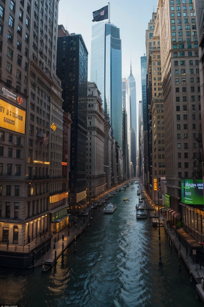 Create an image that shows the Wall Street Stock Exchange in the foreground, with New York City in the background. To the left of the image, highlighted, there should be a building with a billboard that says: "Piacoin: Airdrop de 50k dólares". Make sure the billboard is clearly visible and eye-catching. The scene must capture the movement and energy of Wall Street, with architectural details of the surrounding buildings and urban elements typical of New York