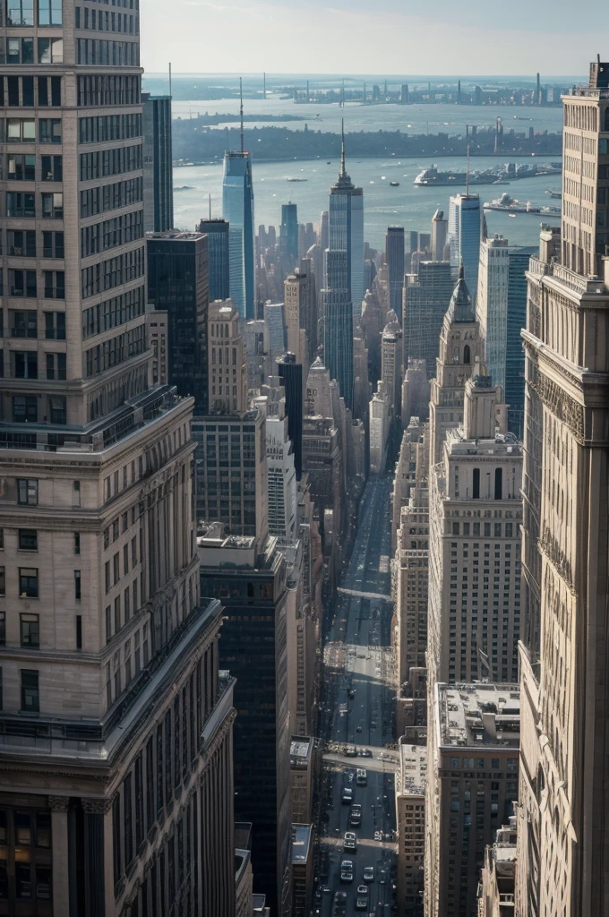 Create an image that shows the Wall Street Stock Exchange in the foreground, with New York City in the background. To the left of the image, highlighted, there should be a building with a billboard that says: "Piacoin: Airdrop de 50k dólares". Make sure the billboard is clearly visible and eye-catching. The scene must capture the movement and energy of Wall Street, with architectural details of the surrounding buildings and urban elements typical of New York