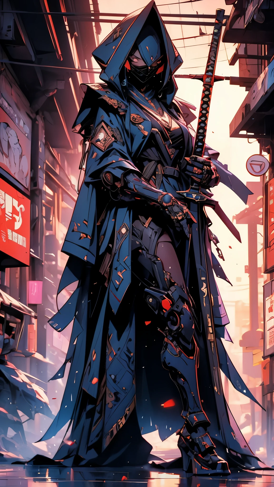 A nomadic robot, in the desert, wearing a disheveled shawl, holding a staff, wearing a large metal hat, rough, rusty, dusty body, thin frame, tall, cyberpunk, Cyborg., Session surreal version of a woman kneeling down on one leg holding a sword in her hand, very beautiful cyberpunk samurai, anime cyberpunk art, cyberpunk samurai, cyberpunk anime art, cyberpunk anime, cgsociety 9, technical cyberpunk anime art number, style of maciej kuciara.1girl, samurai armor, devil mask helmet, intricate, detailed ornaments, cool colors, metallic, Egyptian details, extremely intricate details, luster realistic lighting, trends in cgs society, glowing eyes, facing camera, neon details, surreal details, full body portrait, Japanese atmosphere, global illumination, shadows, rendering octane, 8k, super sharp. cool lolita.