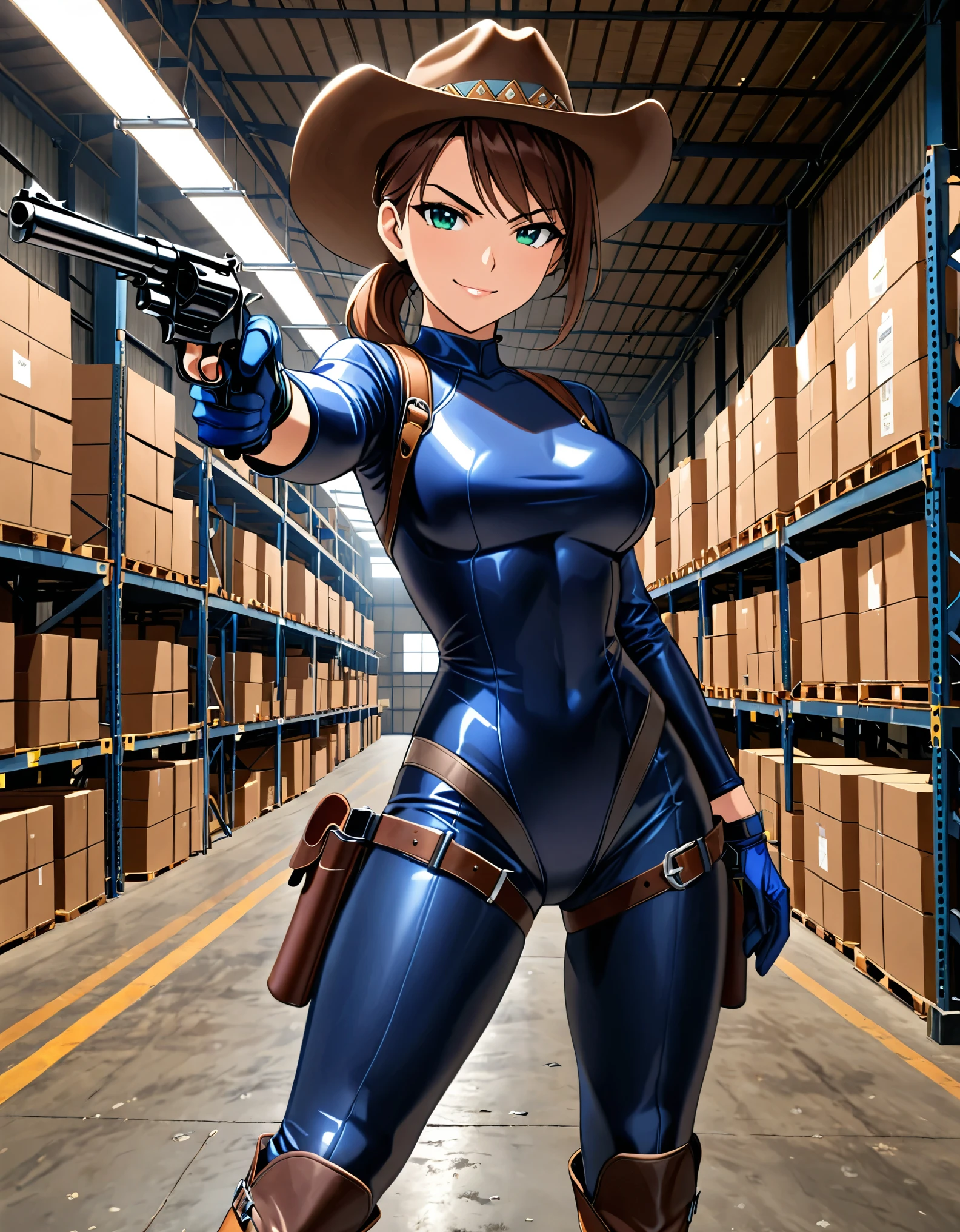 masterpiece, best quality, 1lady, solo, solo focus, (tall body), hispanic, brown hair, short hair, ponytail, blue-green eyes, medium breasts, beautiful detailed eyes, beautiful detailed face, smirk, ((brown cowboy hat)), (bodysuit, (solid blue bodysuit, leotard, dark blue leotard, tight dark grey leggings, perfect fit)), long sleeves, (gloves, dark blue gloves, matching gloves, boots, combat boots, dark blue boots, matching boots), drop-down pistol holster, knee pads)), ((pointing pistol at the viewer, revolver)), full body, cowboy shot, empty warehouse, danger atmosphere.