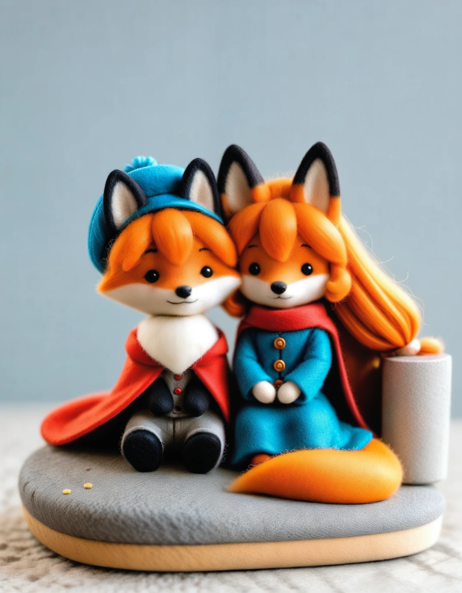 1girl,maozhan, felt style, masterpiece,high quality, the image features a felt-made character with spiky orange hair and a blue cloak,seated next to a red fox on a gray stone. The background is a neutral shade.,