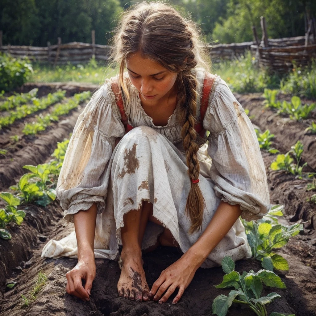 A Russian Girl Is A Serf Peasant, A Poor Girl , Barefoot , In A Torn Peasant Shirt , A Patched Sundress Dirty , Sweaty Hair In One Braid, Tanned , With Weathered Skin, Sweat Flows , Summer, Hot,Works In A Corvee , Hyperrealism A Lot Of Details, Clarity And Realism, Without Extra Limbs And Fingers