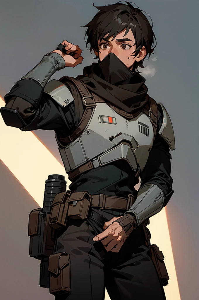 adult male star wars bounty hunter, Short black hair, light black and brown armored clothes, brown eyes, black scarf covering mouth and nose, 40 years old, 2 holdered blasters on the hip, middle aged