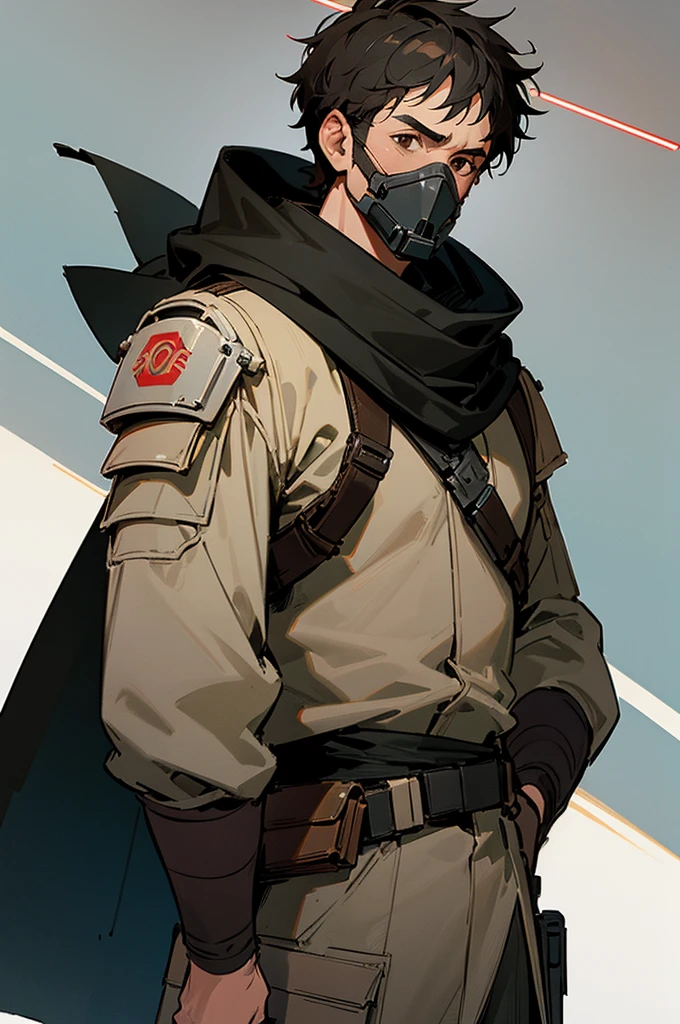 adult male star wars bounty hunter, Short black hair, light black and brown armored clothes, brown eyes, black scarf covering mouth and nose, 40 years old, 2 holdered blasters on the hip, middle aged