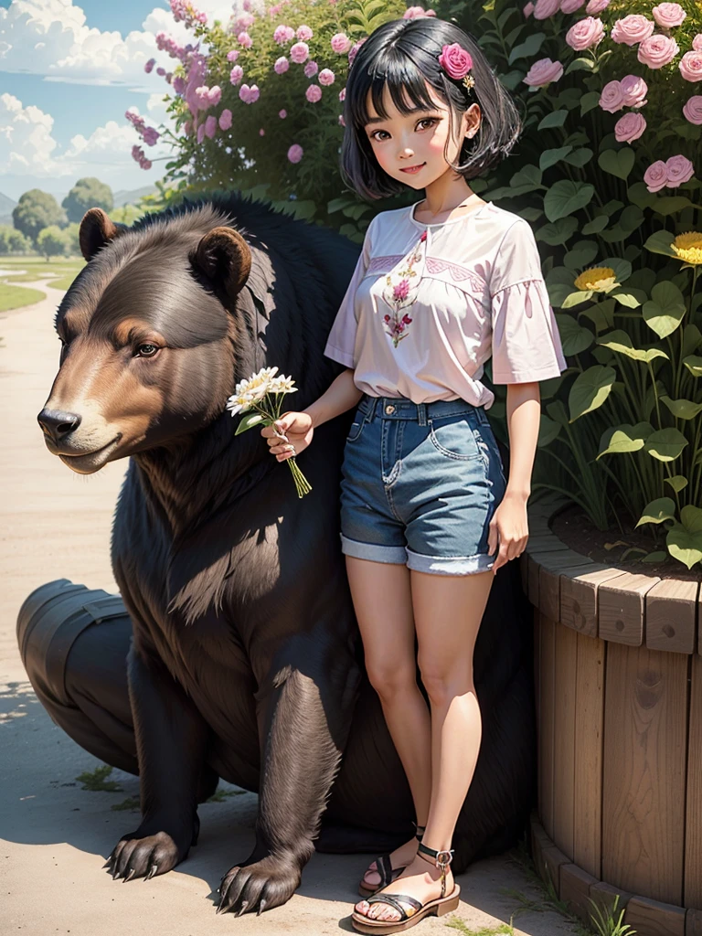 A stunning beauty cute Javanese girl, her name is Sora, 5 years tiful silky black short hair, beautiful black eyes, beautiful pink lips and smiling happily. She's wearing a magenta shirt, and a blue jeans jumpsuit with a brown bear cartoon image embroided. Also she's wearing brown sandals. Her hand is holding a bunch of flowers from the meadows in the riverside. A white sheep in her back eating a flower. Very detailed anatomy, very detailed face, very detailed background, very detailed clothes. Photorealistic HD image, very wide angle, top to toes, full body, A Masterpiece.