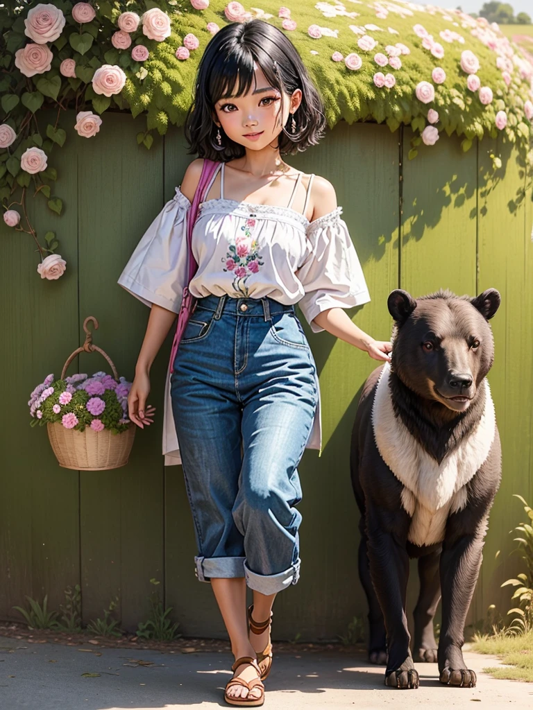A stunning beauty cute little Javanese girl, her name is Sora, 5 years old. Beautiful silky black short hair, beautiful black eyes, beautiful pink lips and smiling happily. She's wearing a magenta shirt, and a blue jeans jumpsuit with a brown bear cartoon image embroided. Also she's wearing brown sandals. Her hand is holding a bunch of flowers from the meadows in the riverside. A white sheep in her back eating a flower. Very detailed anatomy, very detailed face, very detailed background, very detailed clothes. Photorealistic HD image, very wide angle, top to toes, full body, A Masterpiece.