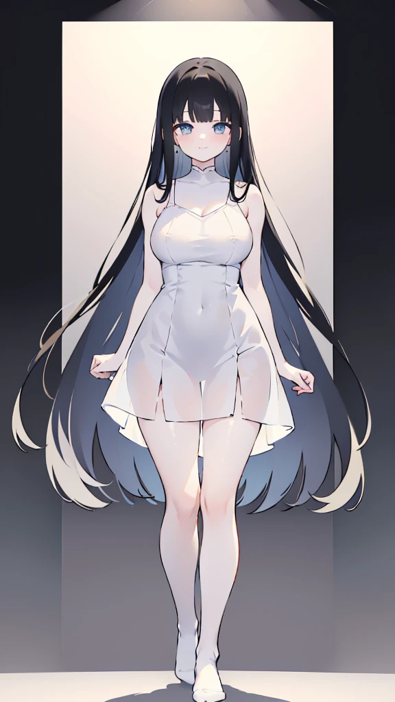 masterpiece, 8K, Detailed face, best quality, Must be created as described,  (1 girl, alone, 20 years old, 158cm), (Black hair, long hair, Straight Hair, Bangs), (innocent, Big blue eyes like diamonds), (fair skin, thin waist, long legs), (Wearing a close-fitting pure white sleeveless dress, spaghetti straps, V-neck style), (The dress is light and translucent, Perfect fit), (wearing white socks, No shoes), (Show your thighs, Show your arms, You should be able to see the curve of your thighs, Highlight your figure), (The expression looks shy, but with a smile), (light black background, Full body portrait, Stand Up Straight, symmetry)