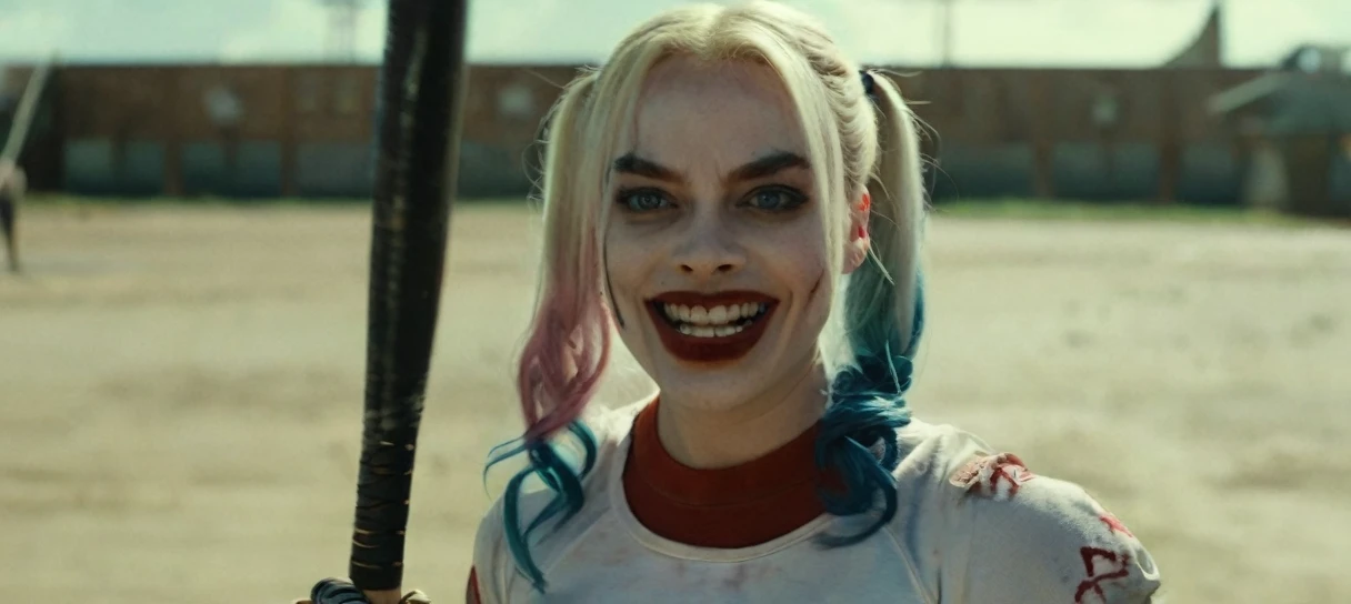 cinematic shot from the film 

(movie yet) from &quot;Suicide Squad&quot; , (extremely complex:1.3), (realistic), Portrait of a girl, the most beautiful in the world, Margot Robbie as Harley Quinn, multicolored hair, braids, Blue eyes, baseball bat, teeth, (detailed face, detailed eyes, Clean skin, clear eyes), photorealistic, award-winning, professional photo of a stunning woman in detail, sharp focus, Dramatic, award-winning, Cinematic lighting, dtx volumetrics 
