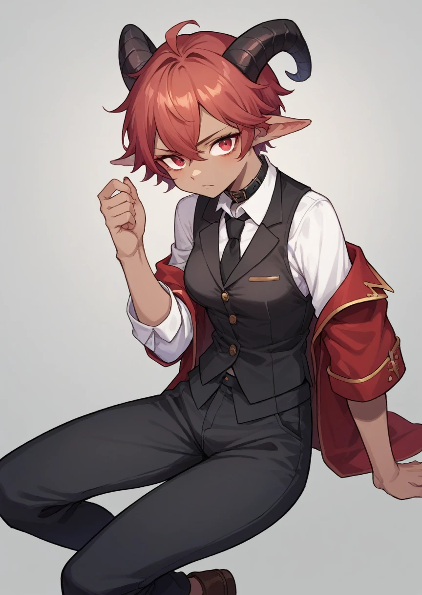 Solo Female, Solo furry , Dark red short hair, RED HAIR,wavy ends, Greyish-light brown skin color, red eyes with black skeral, Black horns, White shirt,  black Tie , black trousers, burgundy coat,black collar, brown shoes,black vest