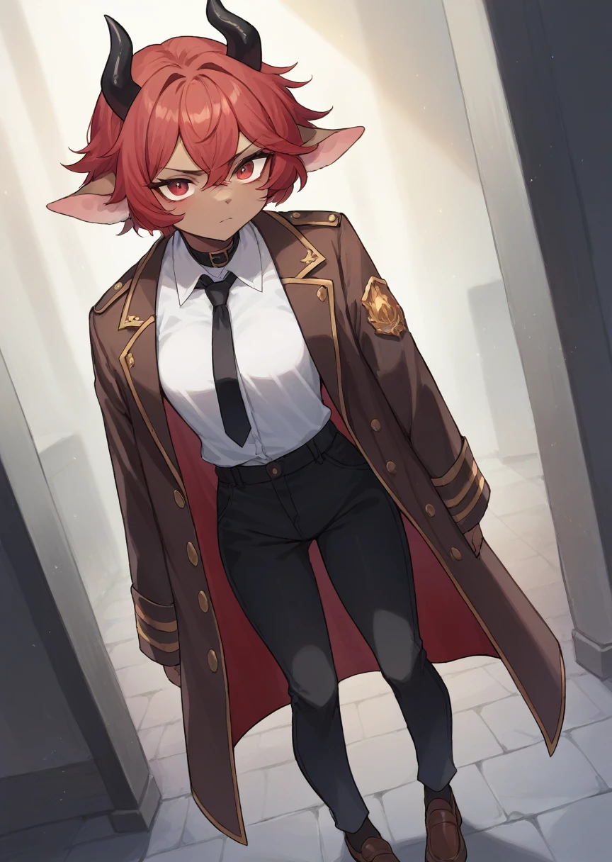 Solo Female, Solo furry , Dark red short hair, RED HAIR,wavy ends, Greyish-light brown skin color, red eyes with black skeral, Black horns, White shirt,  black Tie , black trousers, burgundy coat,black collar, brown shoes,black vest