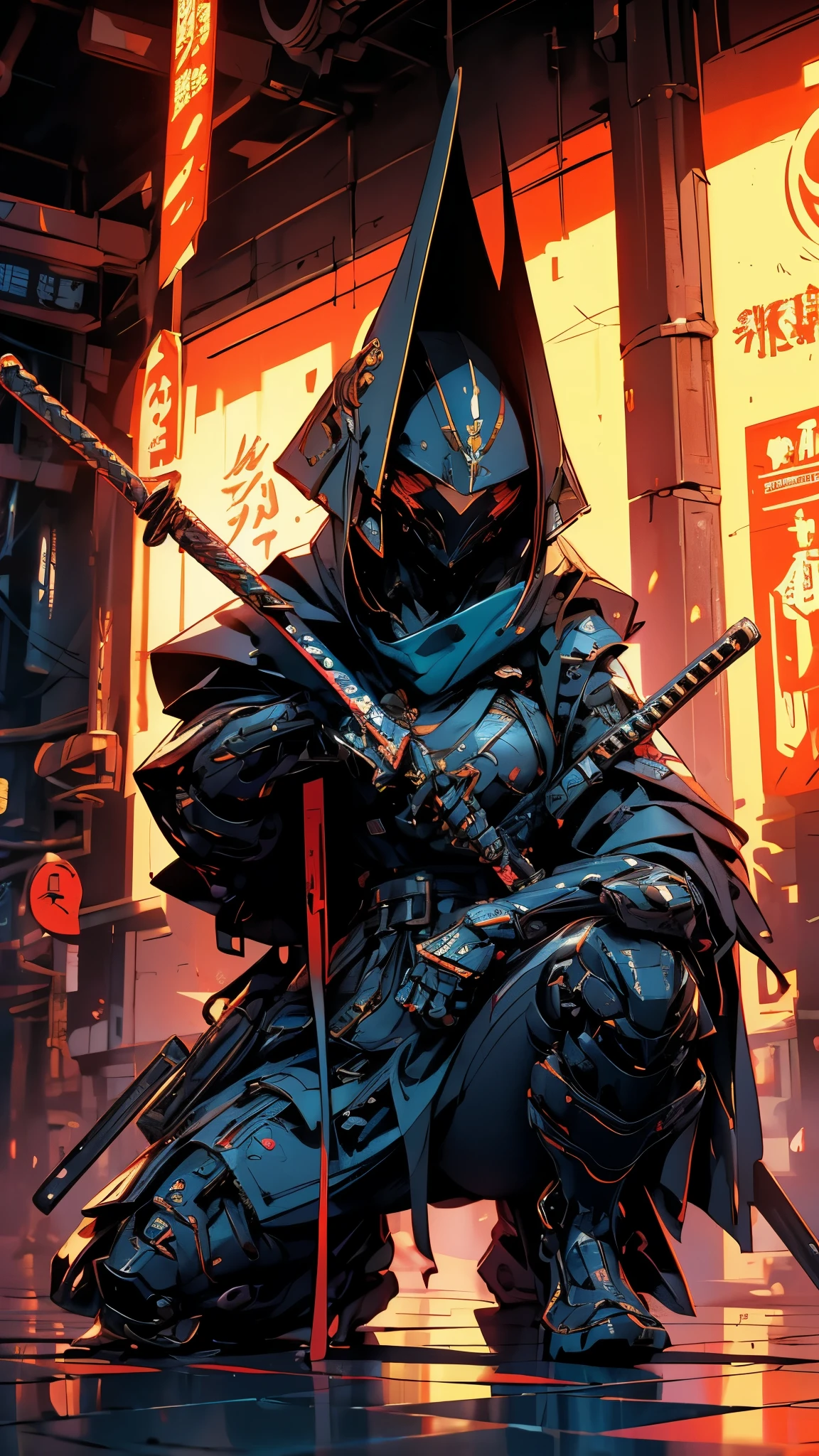 A nomadic robot, in the desert, wearing a disheveled shawl, holding a staff, wearing a large metal hat, rough, rusty, dusty body, thin frame, tall, cyberpunk, Cyborg., Session surreal version of a woman kneeling down on one leg holding a sword in her hand, very beautiful cyberpunk samurai, anime cyberpunk art, cyberpunk samurai, cyberpunk anime art, cyberpunk anime, cgsociety 9, technical cyberpunk anime art number, style of maciej kuciara.1girl, samurai armor, devil mask helmet, intricate, detailed ornaments, cool colors, metallic, Egyptian details, extremely intricate details, luster realistic lighting, trends in cgs society, glowing eyes, facing camera, neon details, surreal details, full body portrait, Japanese atmosphere, global illumination, shadows, rendering octane, 8k, super sharp. cool lolita.