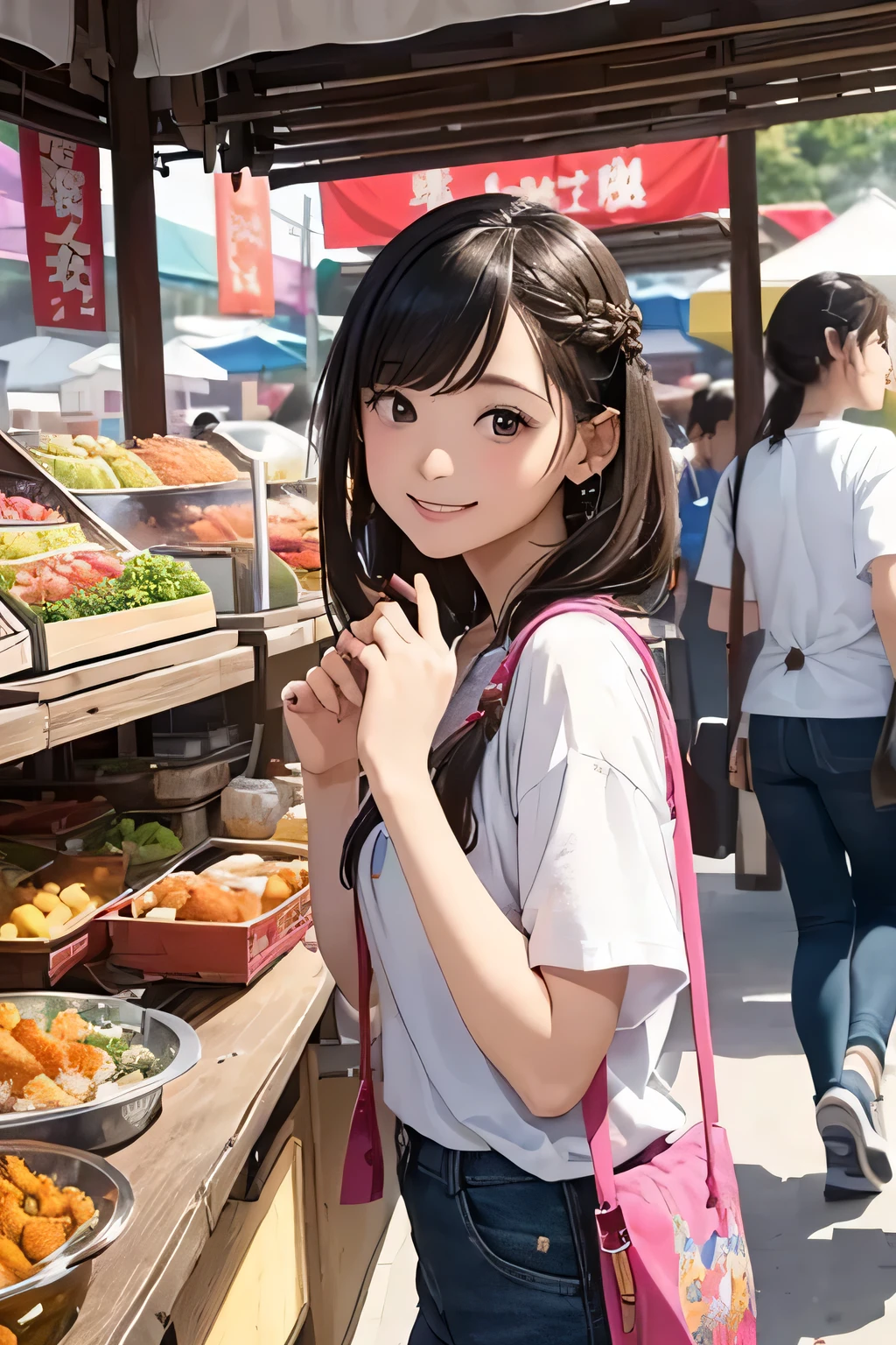 Highest quality、High resolution、Detailed Background、(Beautiful face in every detail:1.2)、Anatomically correct、(Detailed facial expressions)、(Detailed eyes)、age beauty、Highly detailed face、cute hair color、Braided Ponytail、Braided bob cut、cute gesture、Festival-day food stalls、A big smile、Very fun atmosphere、(Three girls at the festival-day food stalls:1.5)、
Cotton candy in little hands、A big smile、In the midst of the festival bustle、Running with friends、Shooting Challenge、Desperate for the prize、Goldfish scooping is also fun、Gently pick it up、The aroma of freshly fried yakisoba、I'm getting hungry、Play to your heart's content、enjoy、My heart leaps、A festival under the blue sky、A child's innocent smile、It turns into a warm memory、
T-shirts with flashy designs and characters、Knee-length shorts、Denim or cotton、Sandals or sneakers、Dresses and tunics、Something that is easy to move in and cool、The gorgeous print is adorable、cover art、Brightly colored items and character motifs、cute