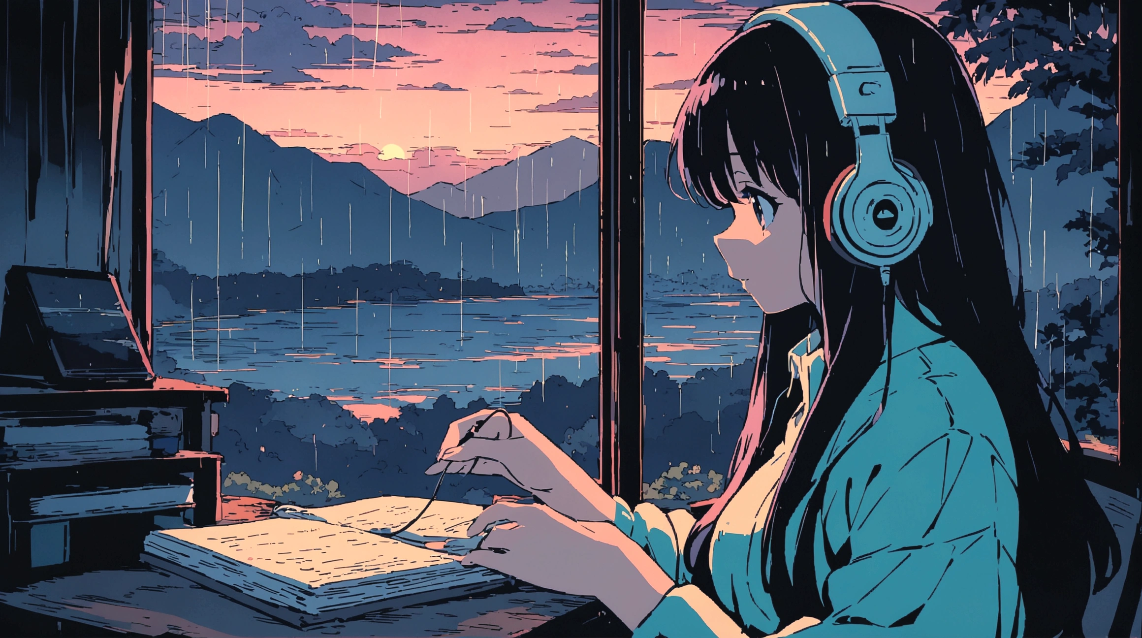 art wallpaper 4k, anime art wallpaper 4k, anime art wallpaper 8 k, anime background art, Lofi Color, Lofi Art, anime,masterpiece, Highest quality, Natural style, anime, Beautiful Asian Long Hair Girl, Along the Hawaiian Coast, Beautiful and dreamy,anime,Illustrator,lo-fi girl, Blues,landscape,sunset, night、Girl listening to music in a cozy room, Use headphones, 2Dスタイルanime, Rain outside the window、Analog Color Theme、Ghibli style,、Tokyo, night, Write a note、Makoto Shinkai style