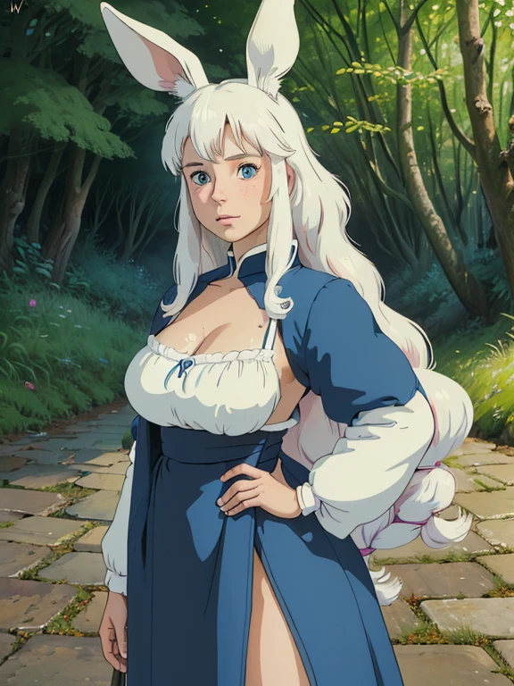 (best quality,4k,8k,highres,masterpiece:1.2), ultra-detailed, realistic:1.37, young solo girl, detailed blue eyes, bunny ears,bunny tail, freckles,large breasts, cute, white hair, long wavy hair, portrait, vibrant colors, soft lighting, in a park, wearing Japanese style clothes 