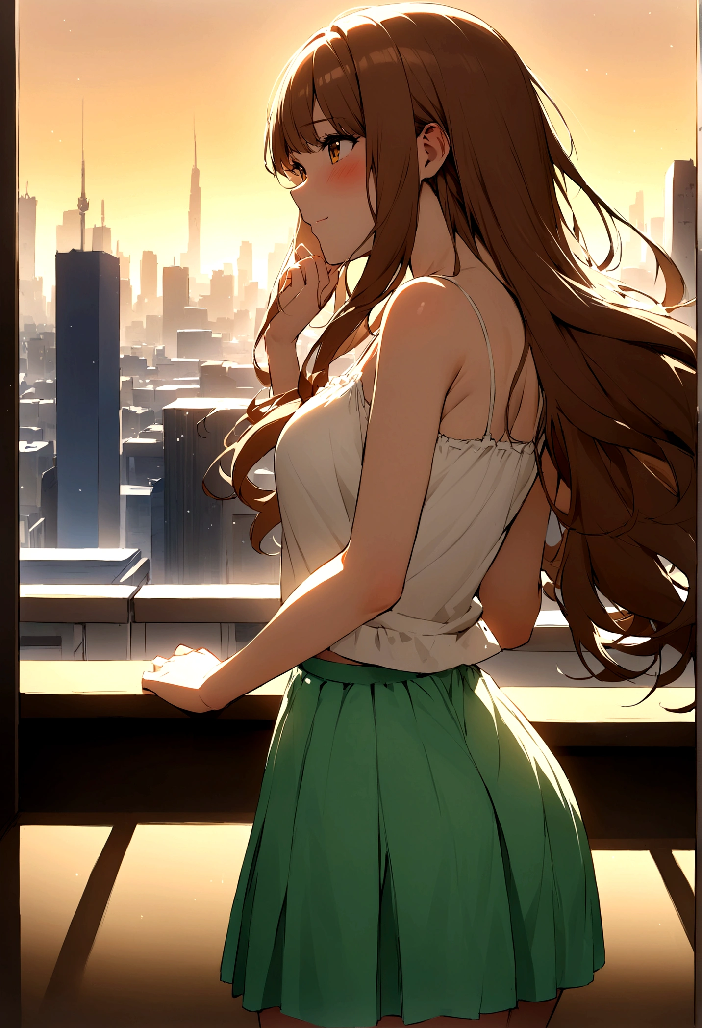 Highest quality、A beautiful woman、Long Hair、Brown Hair、Wearing a camisole and skirt、Shy laugh、Nikko lighting、The background is the cityscape