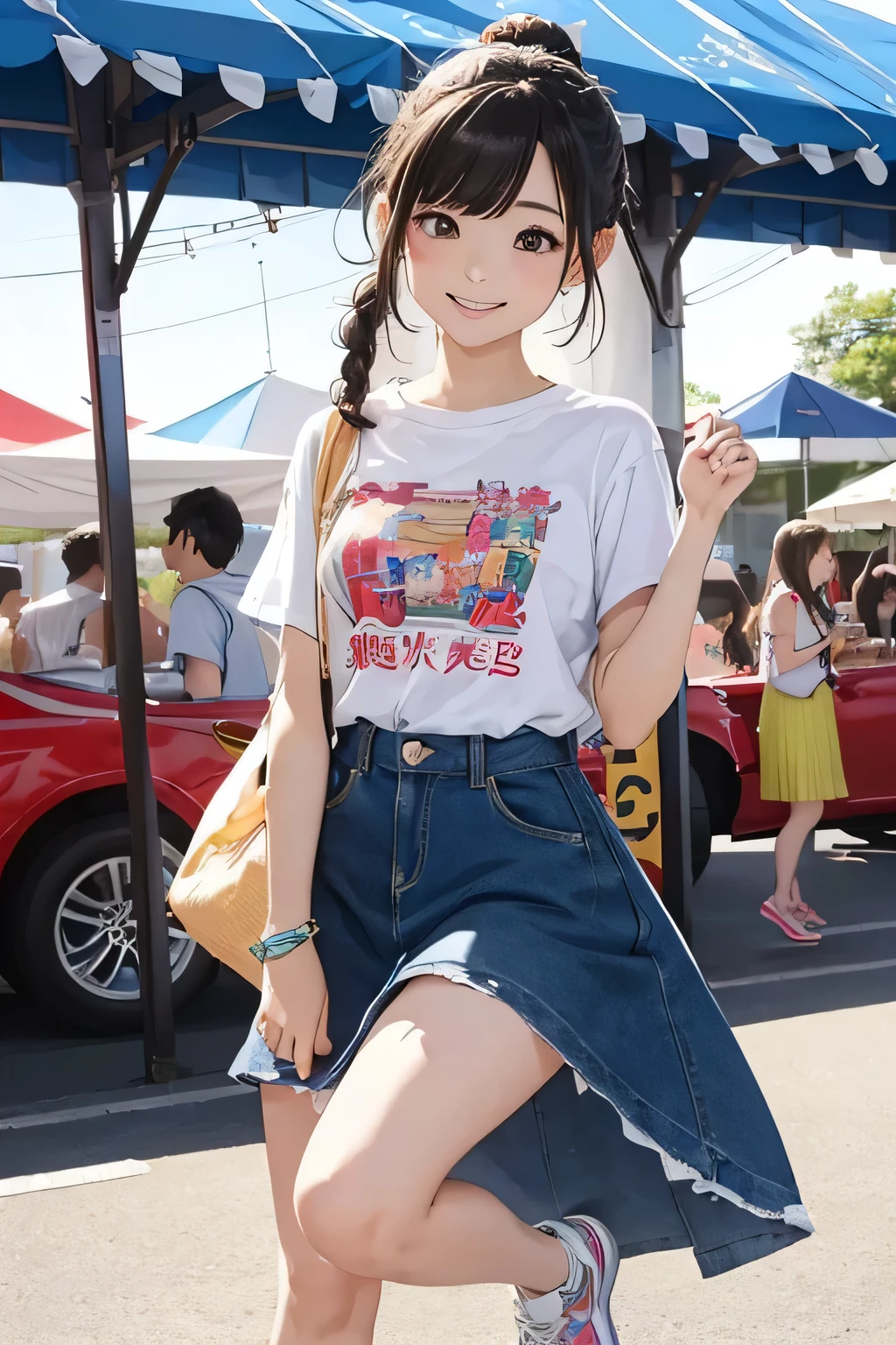 Highest quality、High resolution、Detailed Background、(Beautiful face in every detail:1.2)、Anatomically correct、(Detailed facial expressions)、(Detailed eyes)、Teenage beauty、Highly detailed face、cute hair color、Braided Ponytail、Braided bob cut、cute gesture、Festival-day food stalls、A big smile、Very fun atmosphere、(Three girls at the festival-day food stalls:1.5)、
Cotton candy in little hands、A big smile、In the midst of the festival bustle、Running with friends、Shooting Challenge、Desperate for the prize、Goldfish scooping is also fun、Gently pick it up、The aroma of freshly fried yakisoba、I'm getting hungry、Play to your heart's content、enjoy、My heart leaps、A festival under the blue sky、A child's innocent smile、It turns into a warm memory、
T-shirts with flashy designs and characters、Knee-length shorts、Denim or cotton、Sandals or sneakers、Dresses and tunics、Something that is easy to move in and cool、The gorgeous print is adorable、cover art、Brightly colored items and character motifs、cute