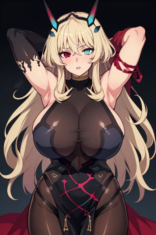 (masterpiece, best quality:1.2), solo, 1girl, barghestst2, parted lips, looking at viewer, arms behind head, horns, heterochromia, black dress, sideboob, pelvic curtain, brown pantyhose, bare shoulders, huge breasts 