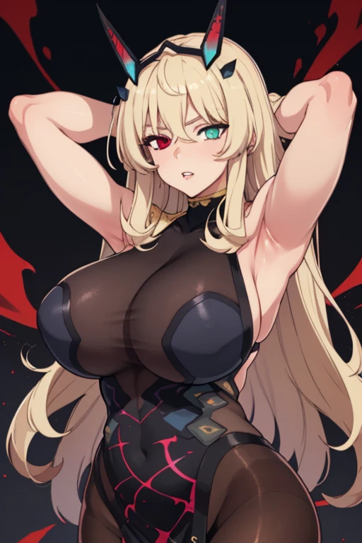 (masterpiece, best quality:1.2), solo, 1girl, barghestst2, parted lips, looking at viewer, arms behind head, horns, heterochromia, black dress, sideboob, pelvic curtain, brown pantyhose, bare shoulders, huge breasts 