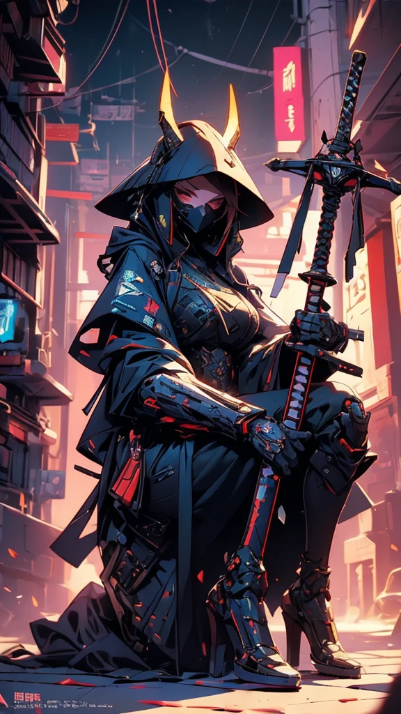 A nomadic robot, in the desert, wearing a disheveled shawl, holding a staff, wearing a large metal hat, rough, rusty, dusty body, thin frame, tall, cyberpunk, Cyborg., Session surreal version of a woman kneeling down on one leg holding a sword in her hand, very beautiful cyberpunk samurai, anime cyberpunk art, cyberpunk samurai, cyberpunk anime art, cyberpunk anime, cgsociety 9, technical cyberpunk anime art number, style of maciej kuciara.1girl, samurai armor, devil mask helmet, intricate, detailed ornaments, cool colors, metallic, Egyptian details, extremely intricate details, luster realistic lighting, trends in cgs society, glowing eyes, facing camera, neon details, surreal details, full body portrait, Japanese atmosphere, global illumination, shadows, rendering octane, 8k, super sharp. cool ta.fix body