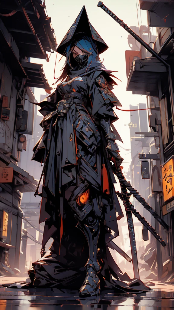 A nomadic robot, in the desert, wearing a disheveled shawl, holding a staff, wearing a large metal hat, rough, rusty, dusty body, thin frame, tall, cyberpunk, Cyborg., Session surreal version of a woman kneeling down on one leg holding a sword in her hand, very beautiful cyberpunk samurai, anime cyberpunk art, cyberpunk samurai, cyberpunk anime art, cyberpunk anime, cgsociety 9, technical cyberpunk anime art number, style of maciej kuciara.1girl, samurai armor, devil mask helmet, intricate, detailed ornaments, cool colors, metallic, Egyptian details, extremely intricate details, luster realistic lighting, trends in cgs society, glowing eyes, facing camera, neon details, surreal details, full body portrait, Japanese atmosphere, global illumination, shadows, rendering octane, 8k, super sharp. cool lolita.fix body