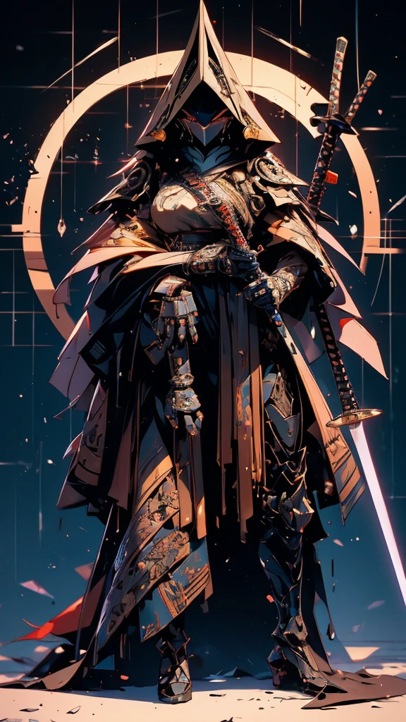 A nomadic robot, in the desert, wearing a disheveled shawl, holding a staff, wearing a large metal hat, rough, rusty, dusty body, thin frame, tall, cyberpunk, Cyborg., Session surreal version of a woman kneeling down on one leg holding a sword in her hand, very beautiful cyberpunk samurai, anime cyberpunk art, cyberpunk samurai, cyberpunk anime art, cyberpunk anime, cgsociety 9, technical cyberpunk anime art number, style of maciej kuciara.1girl, samurai armor, devil mask helmet, intricate, detailed ornaments, cool colors, metallic, Egyptian details, extremely intricate details, luster realistic lighting, trends in cgs society, glowing eyes, facing camera, neon details, surreal details, full body portrait, Japanese atmosphere, global illumination, shadows, rendering octane, 8k, super sharp. cool lolita.fix body