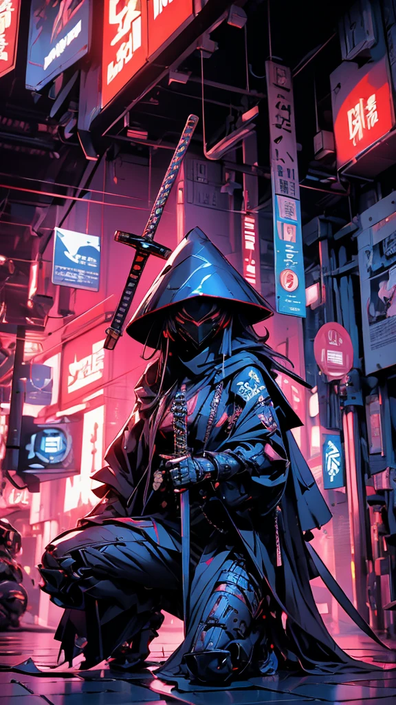 A nomadic robot, in the desert, wearing a disheveled shawl, holding a staff, wearing a large metal hat, rough, rusty, dusty body, thin frame, tall, cyberpunk, Cyborg., Session surreal version of a woman kneeling down on one leg holding a sword in her hand, very beautiful cyberpunk samurai, anime cyberpunk art, cyberpunk samurai, cyberpunk anime art, cyberpunk anime, cgsociety 9, technical cyberpunk anime art number, style of maciej kuciara.1girl, samurai armor, devil mask helmet, intricate, detailed ornaments, cool colors, metallic, Egyptian details, extremely intricate details, luster realistic lighting, trends in cgs society, glowing eyes, facing camera, neon details, surreal details, full body portrait, Japanese atmosphere, global illumination, shadows, rendering octane, 8k, super sharp. cool ta.fix body