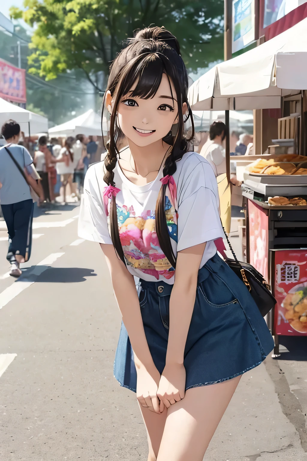 Highest quality、High resolution、Detailed Background、(Beautiful face in every detail:1.2)、Anatomically correct、(Detailed facial expressions)、(Detailed eyes)、Teenage beauty、Highly detailed face、cute hair color、Braided Ponytail、Braided bob cut、cute gesture、Festival-day food stalls、A big smile、Very fun atmosphere、(Three girls at the festival-day food stalls:1.5)、
Cotton candy in little hands、A big smile、In the midst of the festival bustle、Running with friends、Shooting Challenge、Desperate for the prize、Goldfish scooping is also fun、Gently pick it up、The aroma of freshly fried yakisoba、I&#39;m getting hungry、Play to your heart's content、enjoy、My heart leaps、A festival under the blue sky、A child&#39;s innocent smile、It turns into a warm memory、
T-shirts with flashy designs and characters、Knee-length shorts、Denim or cotton、Sandals or sneakers、Dresses and tunics、Something that is easy to move in and cool、The gorgeous print is adorable、cover art、Brightly colored items and character motifs、cute
