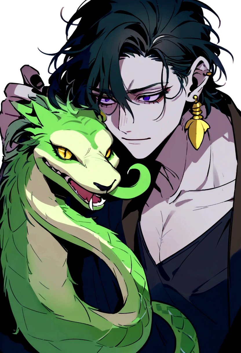 The character has a pale face with an intense, penetrating expression. His eyes are golden, shining in an almost supernatural way, and he has sharp canines that suggest he is a vampire or similar creature. body hair: Your hair is dark, long and messy, falling in tendrils around your face. Accessories: He wears earrings in both ears, adding a touch of modern style to your look. company: A green snake is coiled around his left shoulder, with the head close to the face, suggesting a close connection to the creature.