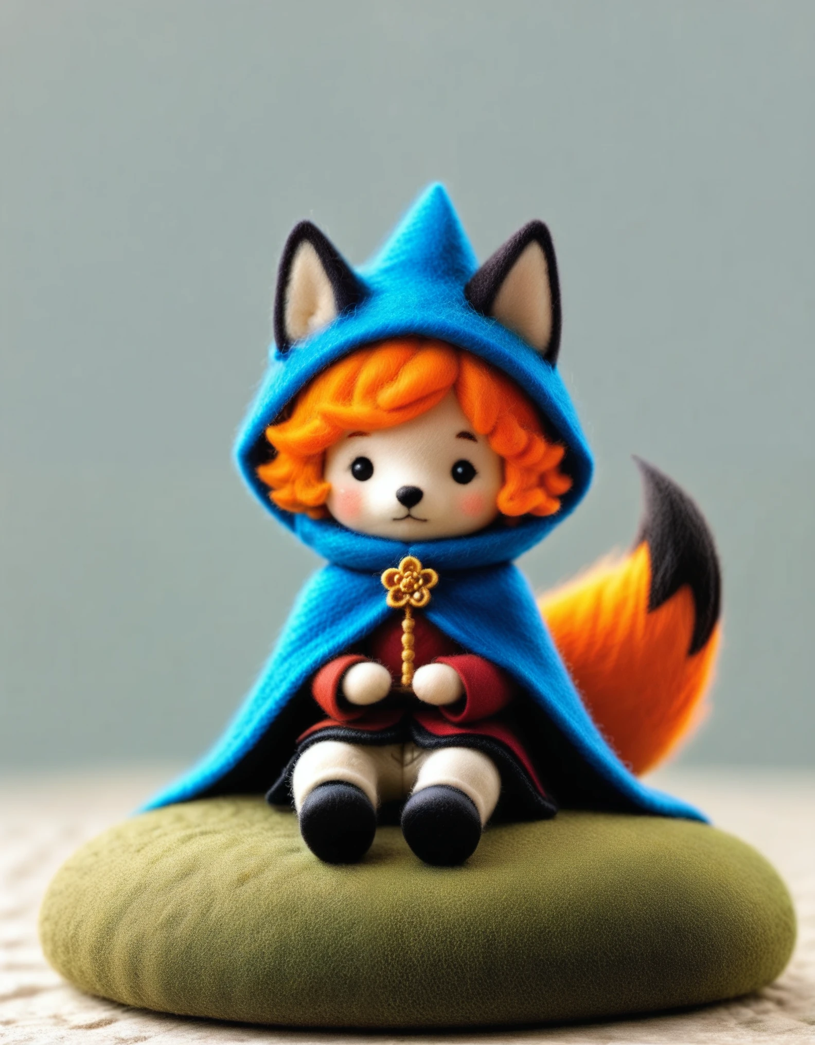 1girl,maozhan, felt style, masterpiece,high quality, the image features a felt-made character with spiky orange hair and a blue cloak,seated next to a red fox on a gray stone. The background is a neutral shade.,