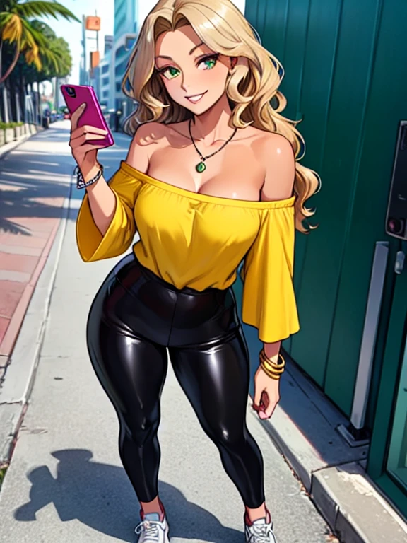 (4K quality), masterpiece, beautiful mature woman, she's 36 year's old, she's 5'1" tall, has neck-length hair, her hair is golden blonde, wavy hair, has tan-olive skin, green eyes, she's looking at he camera with a thrilled smile, teeth, ((slim, petite)), medium breasts, cleavage, ((Is wearing a yellow off-shoulder shirt, shiny black leggings, emerald necklace, silver bracelets and white sneakers)), is wearing pink makeup, is wearing red lipstick, she's holding a cell phone, she's standing the streets of Miami
