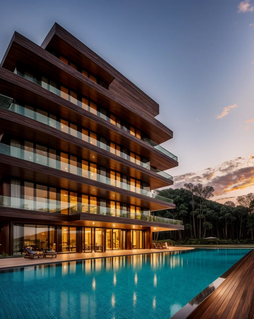 Zaha Hadid style hotel tower with wood and metal texture, hotel with infinity pool, rural landscape at dusk in high quality, 8k UHD